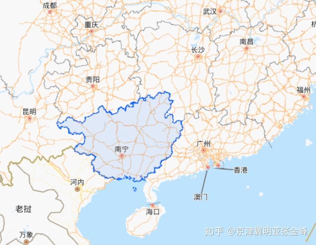 广西在河北的南方方向。
